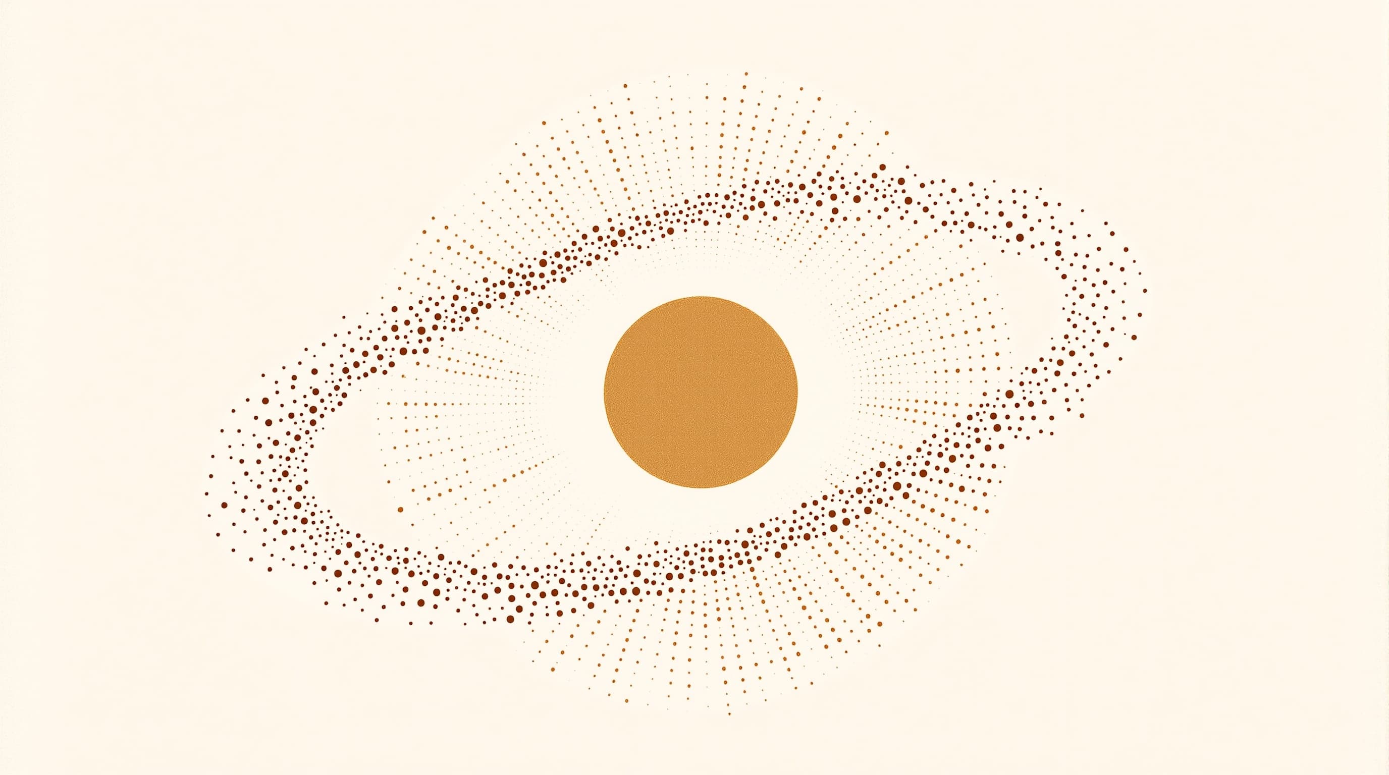 A cluster of small warm dots drifts in a loose orbit around an unseen center as evening light settles.