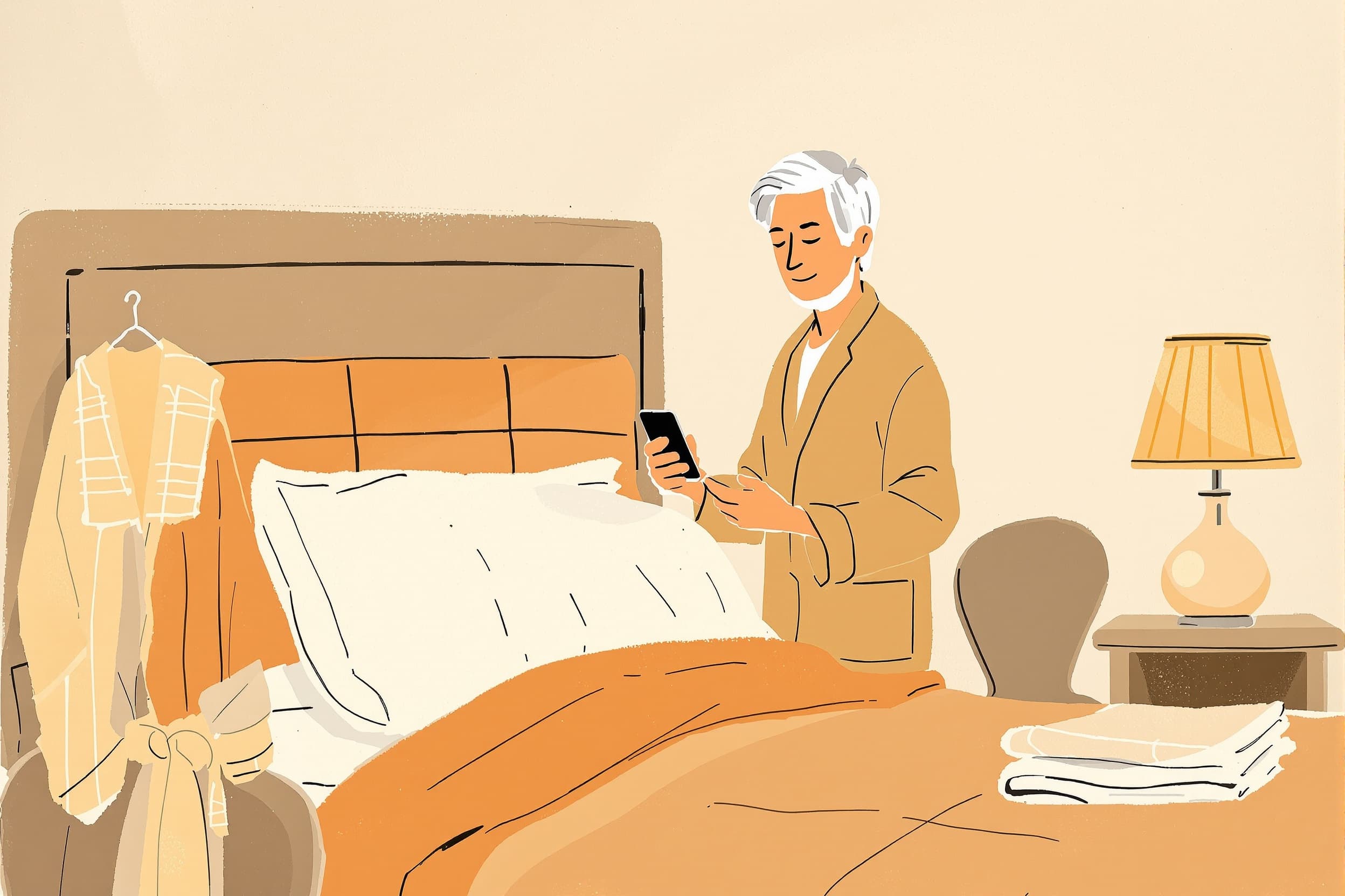 Winding down for the night, a man stretches beside his bed while listening to his coach's evening check-in through the phone speaker — illustrated.